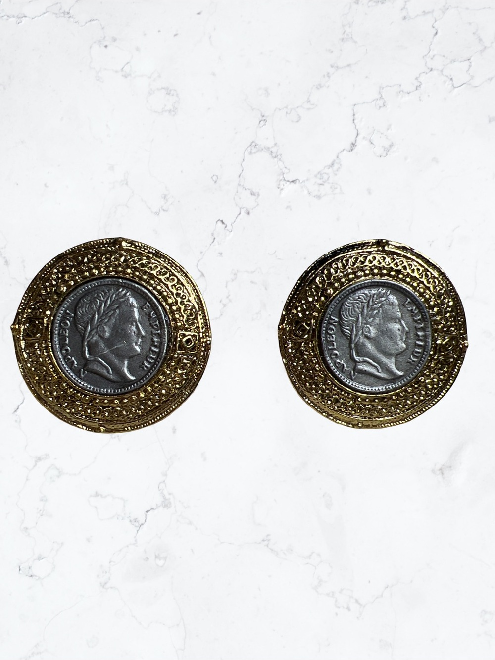 Vintage Gold & Silver Tone Napoleon Coin Clip On Earrings